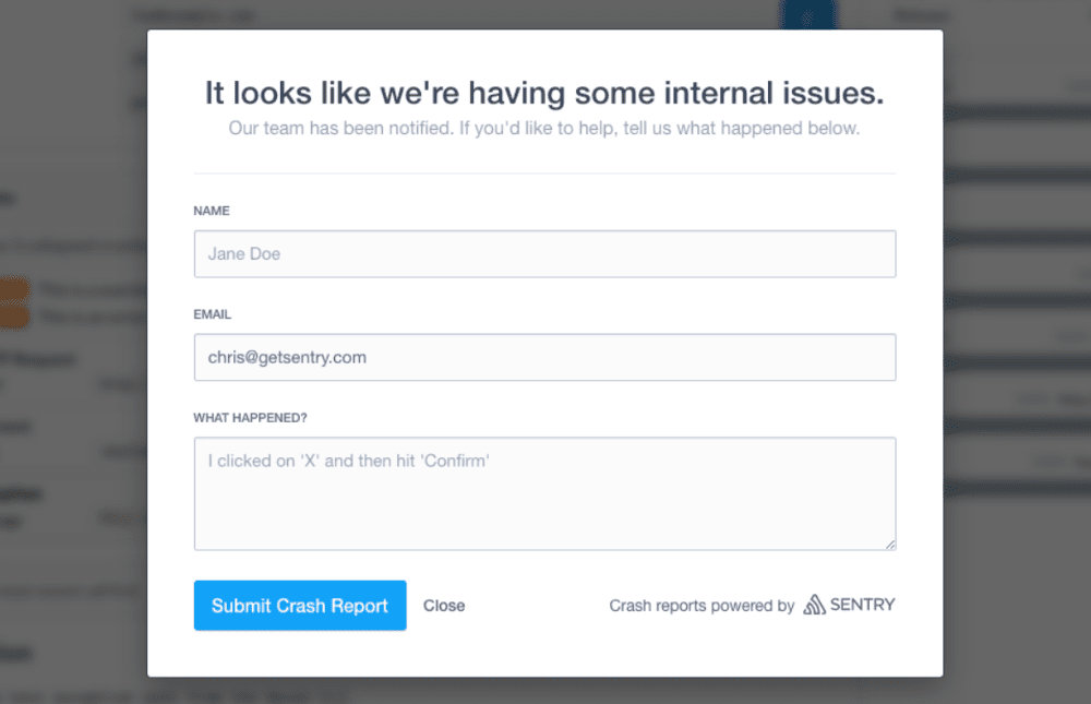 An example of a Crash-Report modal with text boxes for user name, email, and additional details about the break.